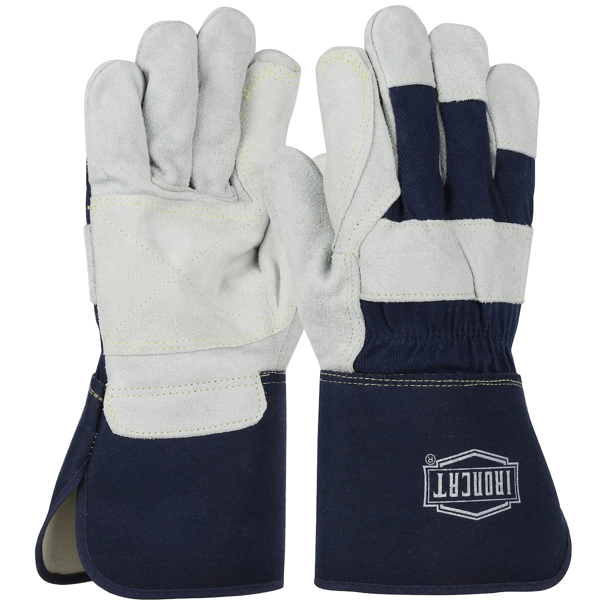 IC8DP Heavy Premium Split Cowhide Leather Double Palm Glove with Canvas Back - Rubberized Gauntlet Cuff