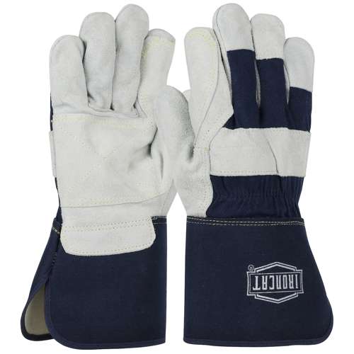 IC8DP Heavy Premium Split Cowhide Leather Double Palm Glove with Canvas Back - Rubberized Gauntlet Cuff