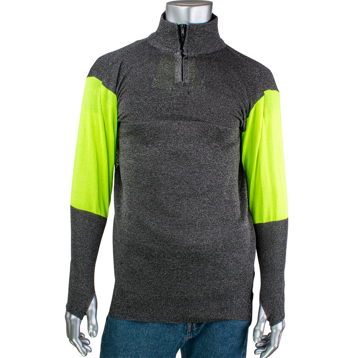 PJG145-3CM-HVB-TH ATA® Blended Cut Resistant 1/4 Zip Pullover with Hi-Vis Sleeves and Thumb Holes