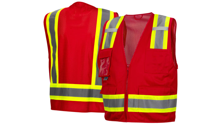 RVZ2427CP Survey Vest w/clear pocket-Red-Extra Large