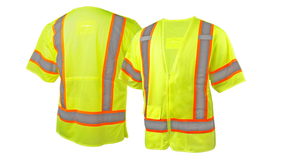 RVZ3810BRS Safety Vest - Hi-Vis Lime with 5-pt Break Adjustable Waist w/ D-Ring - Small
