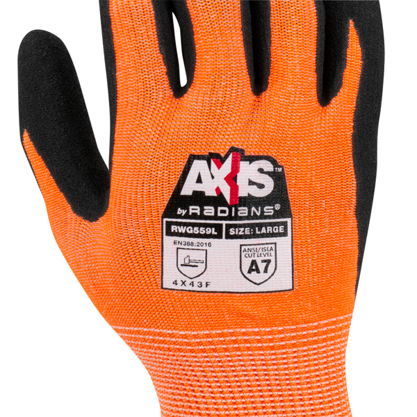 Radians RWG559 RWG559 AXIS™ Cut Protection Level A7 Sandy Nitrile Coated Glove Hi-Vis Orange - Safety Glasses