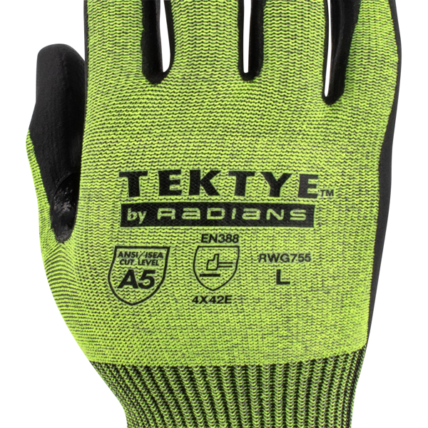 Radians RWG755 RWG755 TEKTYE® A5 Reinforce Thumb Green Nitrile Dip Cut Protective Work Glove - Safety Glasses
