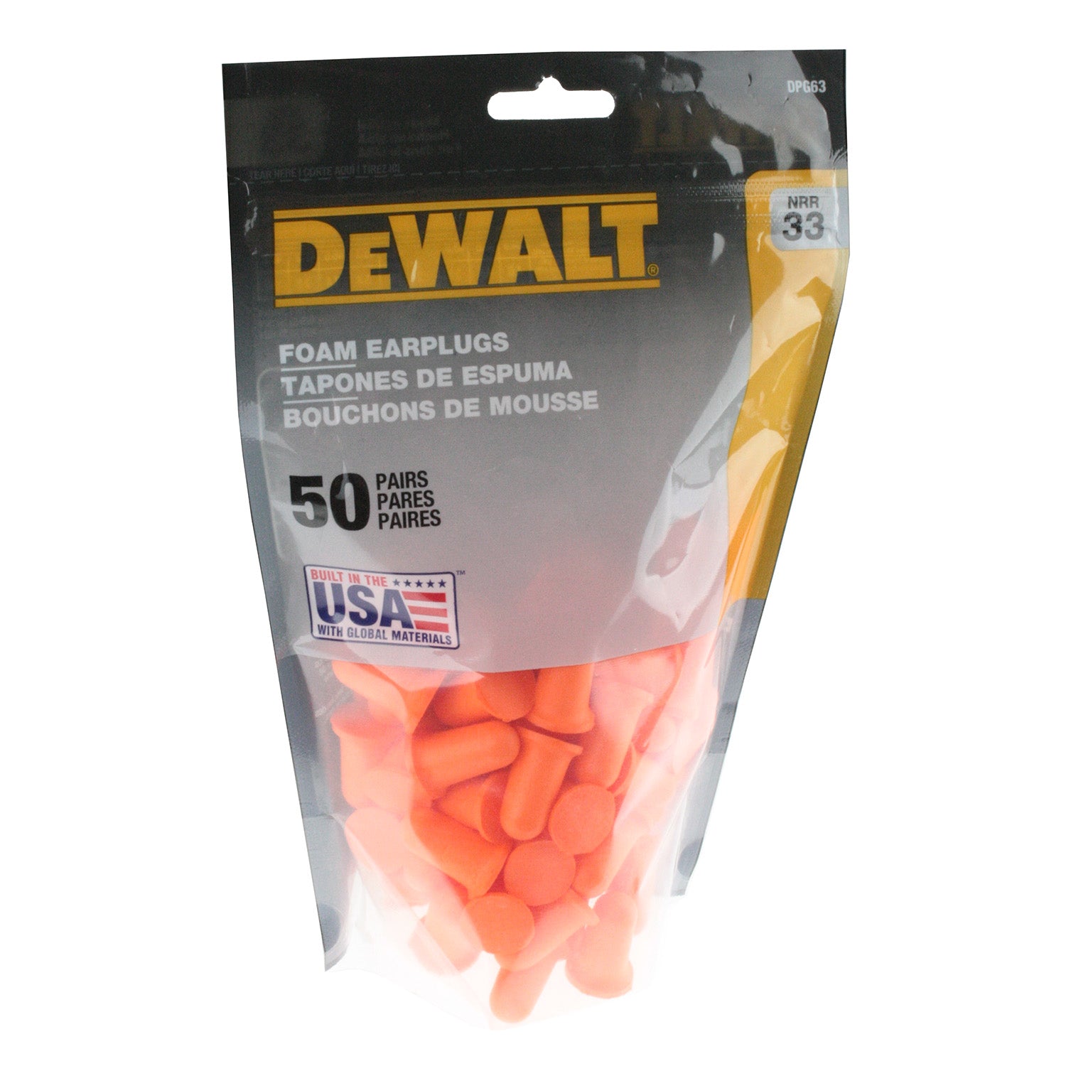 DPG63 Orange Bell NRR33 Foam Earplugs Uncorded 50 Pair Resealable Bag