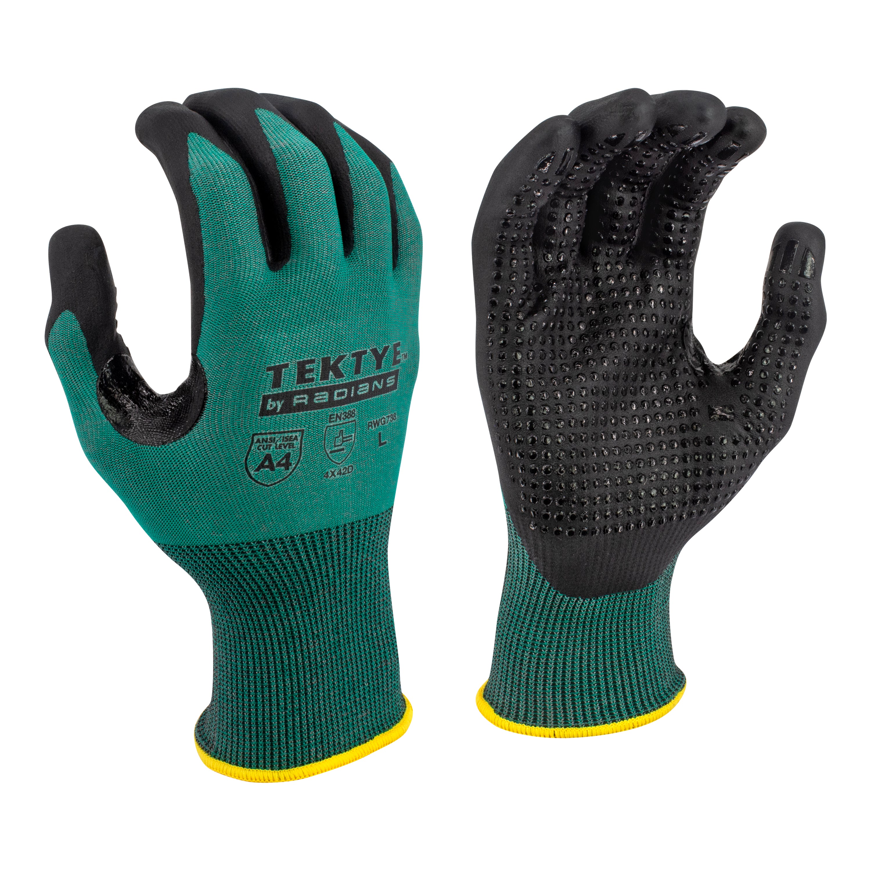 Radians RWG738 RWG738 TEKTYE® A4 Dark Green Nitrile Dip Cut Protective Work Glove - Safety Glasses