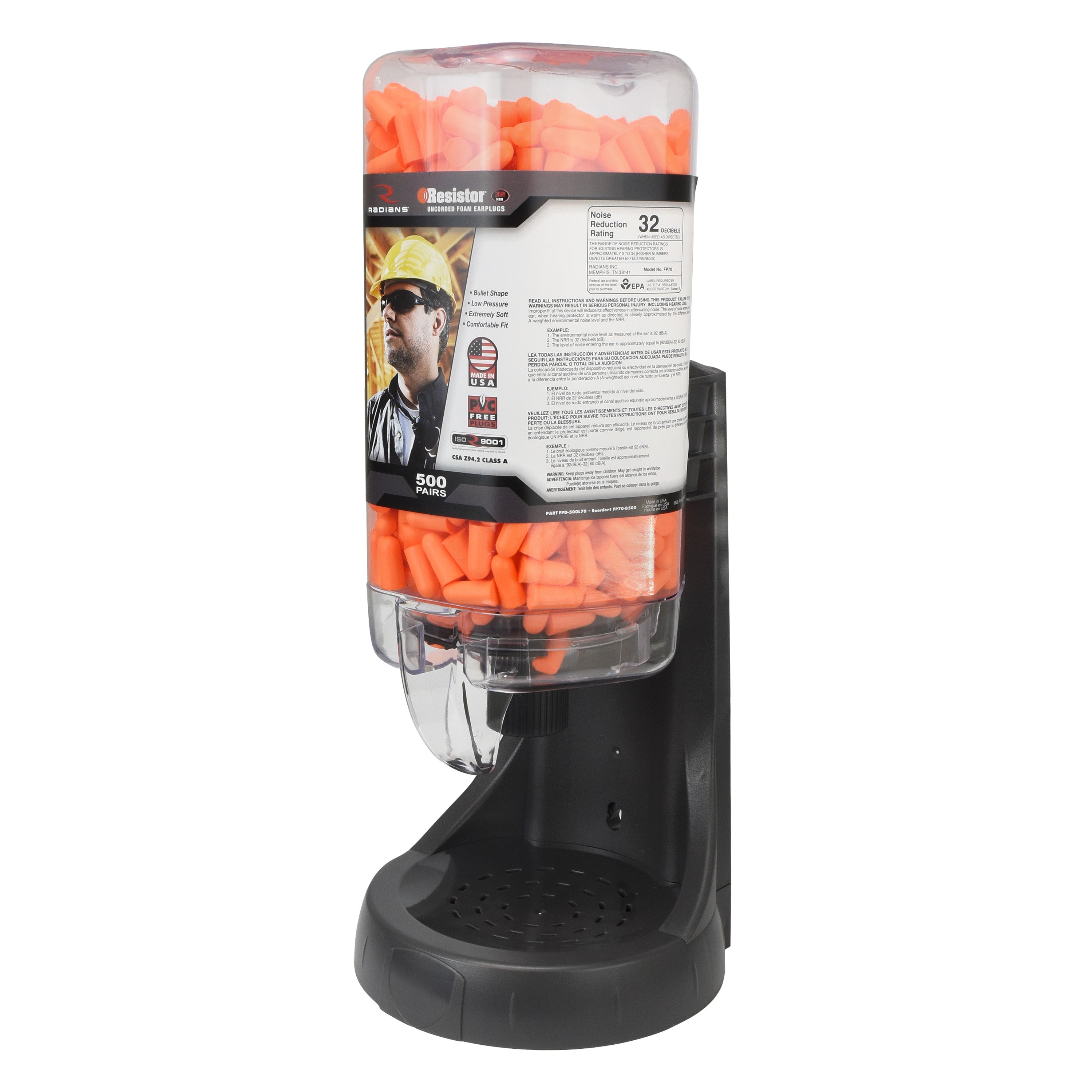 Radians FPD-500L70_STY Refillable Dispenser with Resistor® 32 FP70 Plugs - Hearing Protection